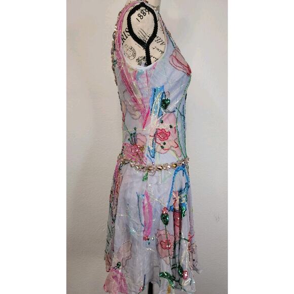 Alberto Makali Silk Beaded Sequin Mini Skater Dress US 4 Drop Waist Fairytale - Picture 4 of 12